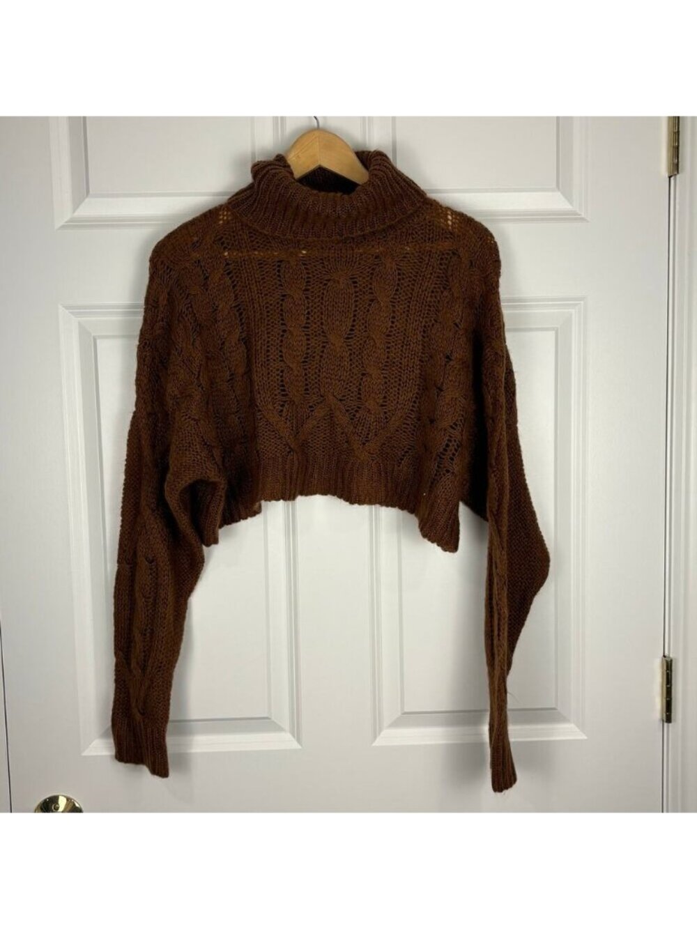Cropped Turtleneck Cable Knit Sweater Beige Botany Fall Cottagecore Oversized S